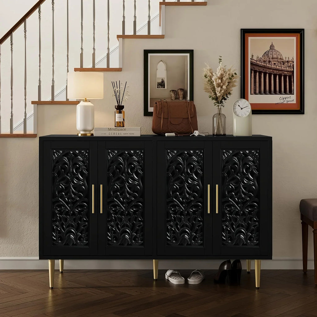 Decorative black cabinet with gold accents in a room with a staircase and wall art.