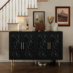 Decorative black cabinet with gold accents in a room with a staircase and wall art.