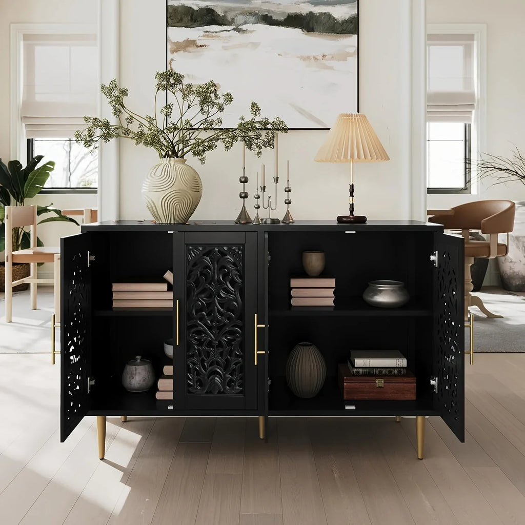 Black decorative cabinet with open doors in a stylish room with plants and art.