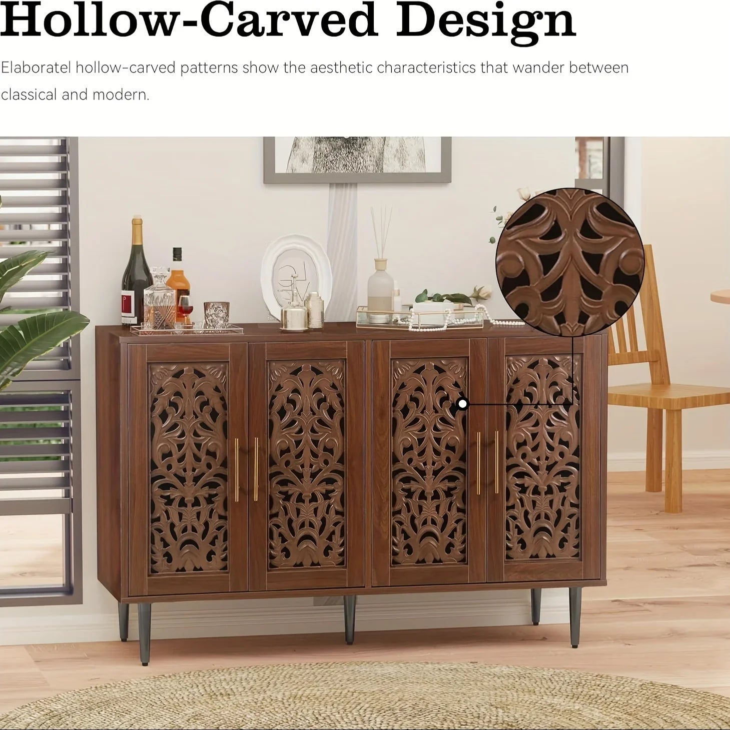 Wooden cabinet with hollow-carved design in a room setting