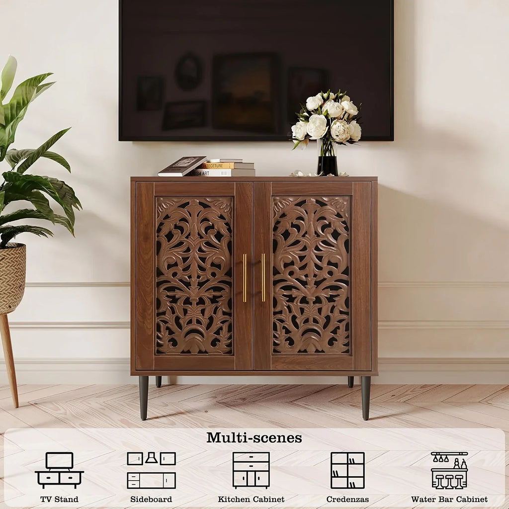 Wooden cabinet with decorative patterns in a living room setting