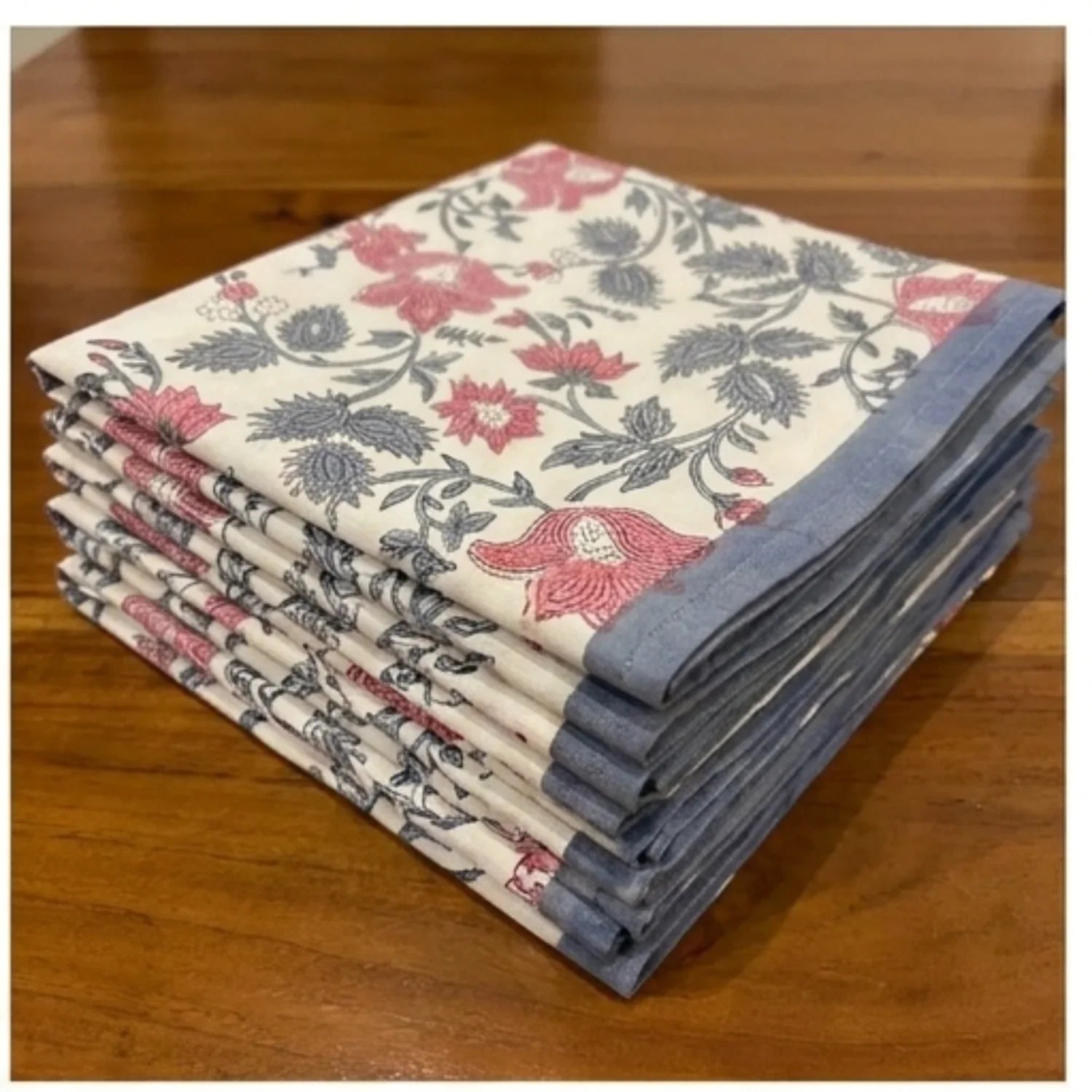 Antique Rose & Charcoal cotton napkin corner detail | handmade Jaipur handicraft table runners table mats napkins hand block India natural colors aesthetics | House of Avana