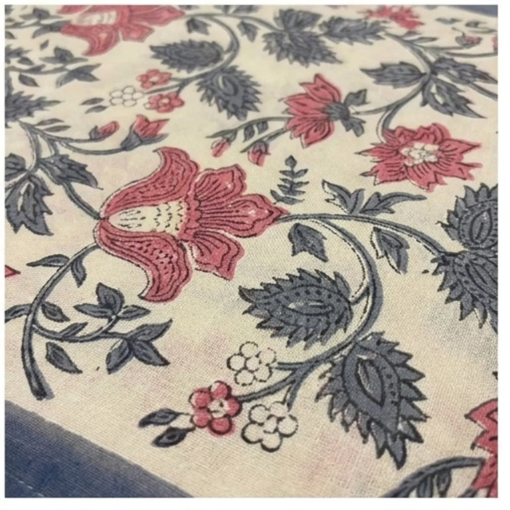 Antique Rose & Charcoal cotton napkin corner detail | India natural colors hand block table runners napkins table mats Jaipur handmade aesthetics handicraft | House of Avana