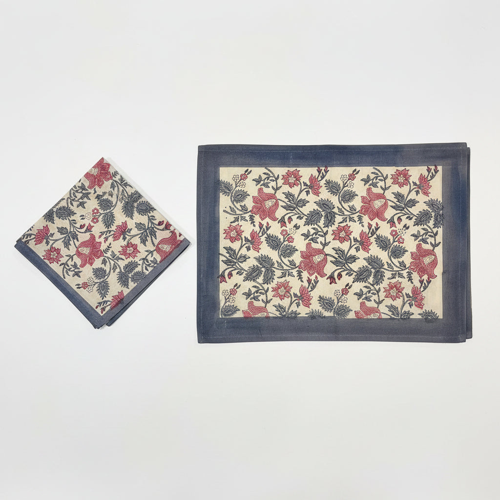 Antique Rose & Charcoal handmade 13-piece cotton table linen set | Jaipur handicraft aesthetics handmade table runners napkins table mats India natural colors hand block | House of Avana