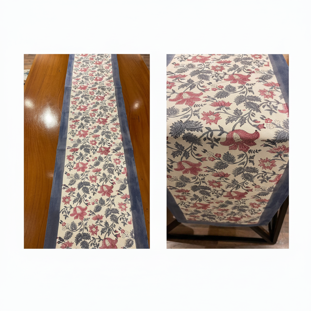 Antique Rose & Charcoal table runner with House of Avana artisan product tags | hand block printed table runners napkins table mats Jaipur handmade handicraft India natural colors | House of Avana