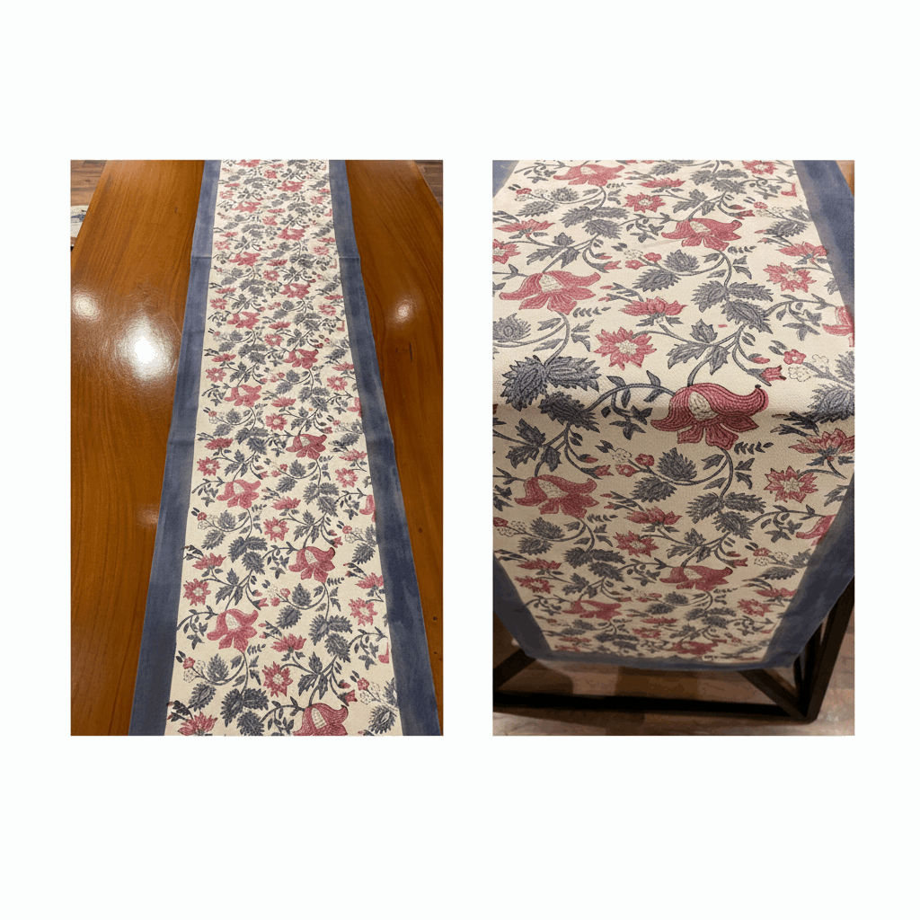 Antique Rose & Charcoal table runner with House of Avana artisan product tags | hand block printed table runners napkins table mats Jaipur handmade handicraft India natural colors | House of Avana [[SKU:HOA-TR-ARCH-004]]