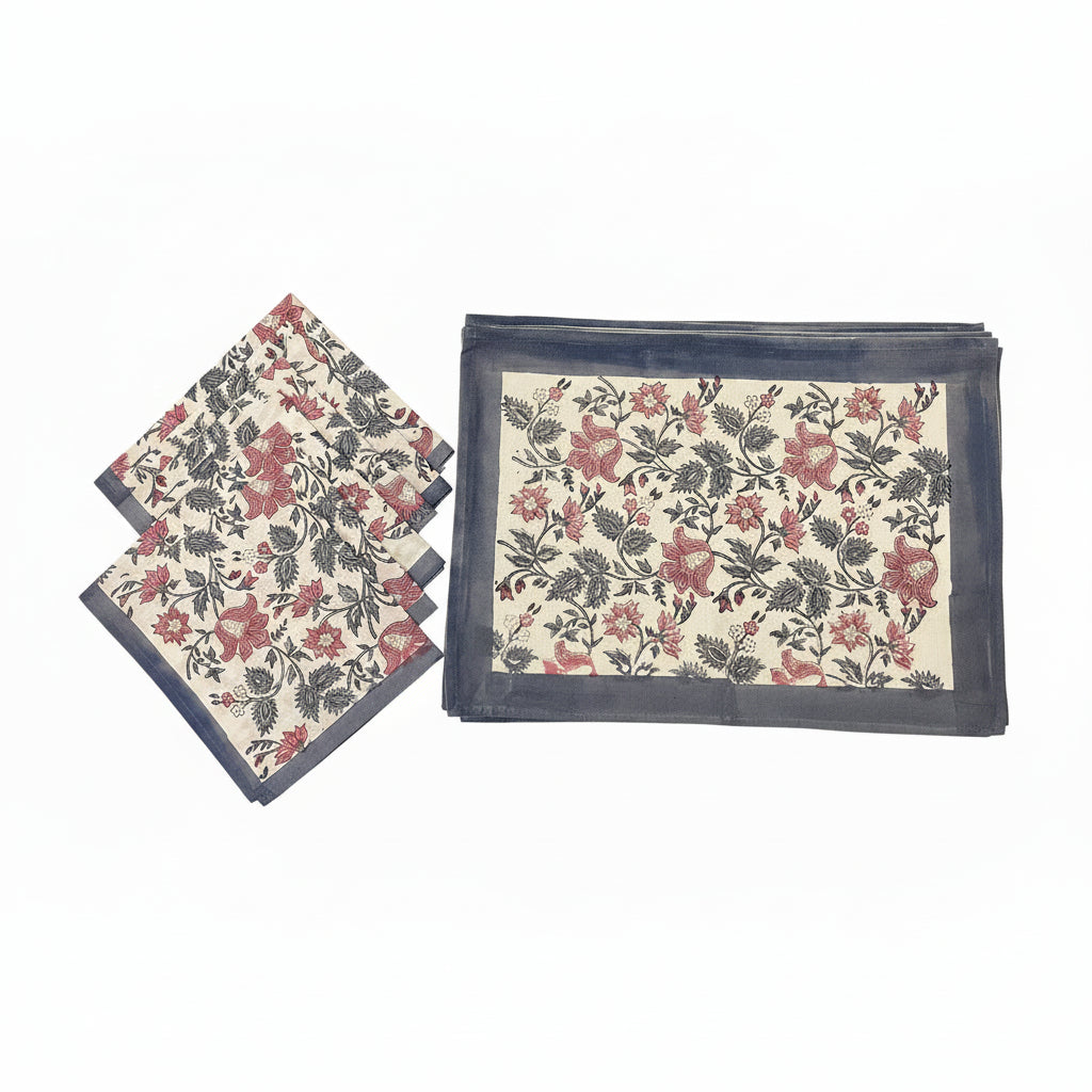 Antique Rose & Charcoal cotton fabric with artisan product tags | Jaipur handicraft aesthetics handmade table runners napkins table mats India natural colors hand block | House of Avana
