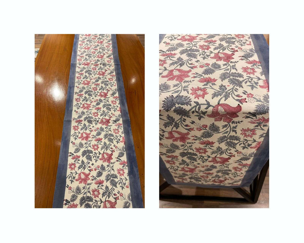 Antique Rose & Charcoal Sanganer handmade cotton table runner | hand block printed table runners napkins table mats Jaipur handmade handicraft India natural colors | House of Avana [[SKU:HOA-TR-ARCH-004]]