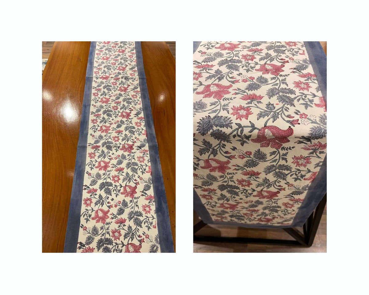 Antique Rose & Charcoal Sanganer handmade cotton table runner | hand block printed table runners napkins table mats Jaipur handmade handicraft India natural colors | House of Avana [[SKU:HOA-TR-ARCH-004]]