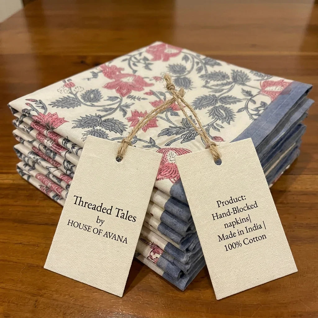 Antique Rose & Charcoal cotton fabric with artisan product tags | handmade Jaipur handicraft table runners table mats napkins hand block India natural colors aesthetics | House of Avana