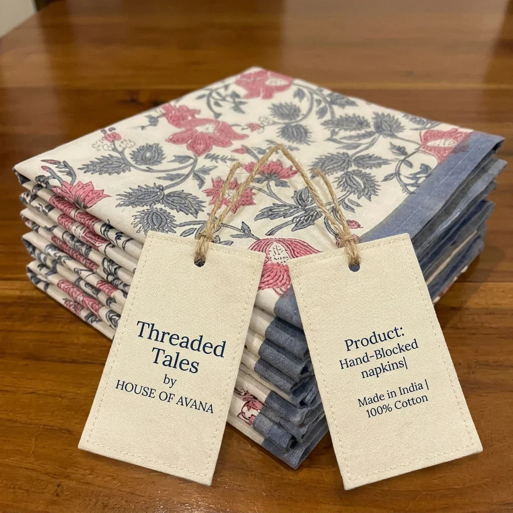 Antique Rose & Charcoal cotton fabric with artisan product tags | India natural colors hand block table runners napkins table mats Jaipur handmade aesthetics handicraft | House of Avana