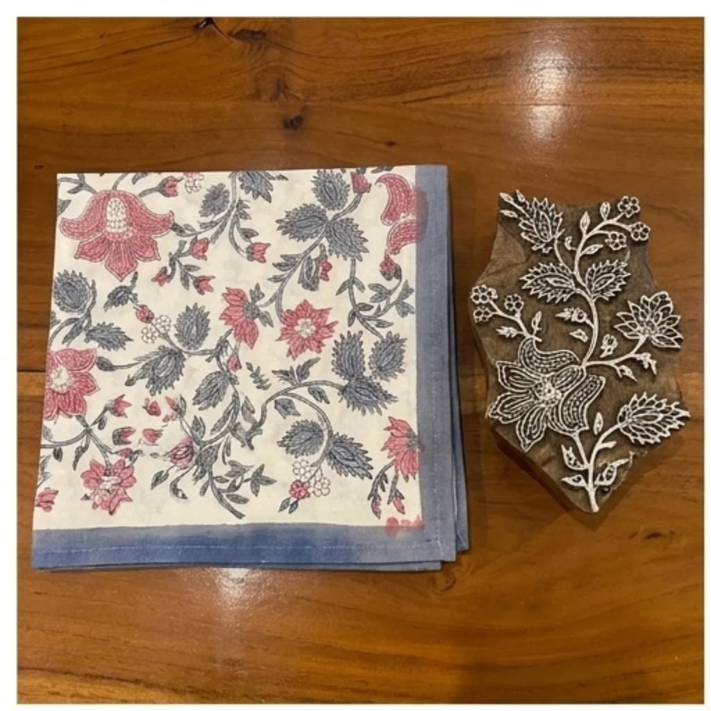 Antique Rose & Charcoal cotton napkin corner detail | hand block printed table runners napkins table mats Jaipur handmade handicraft India natural colors | House of Avana