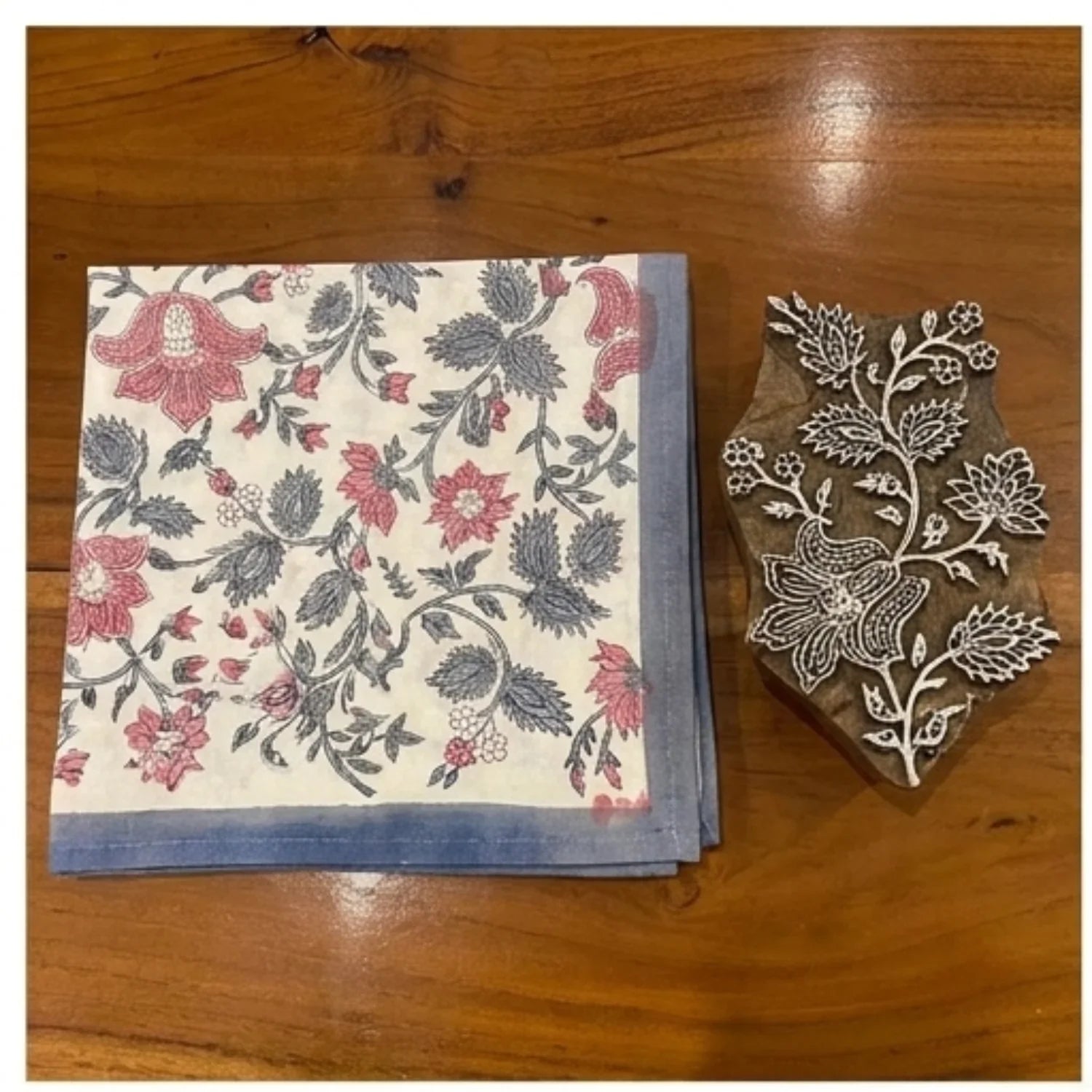 Antique Rose & Charcoal cotton napkin corner detail | hand block printed table runners napkins table mats Jaipur handmade handicraft India natural colors | House of Avana