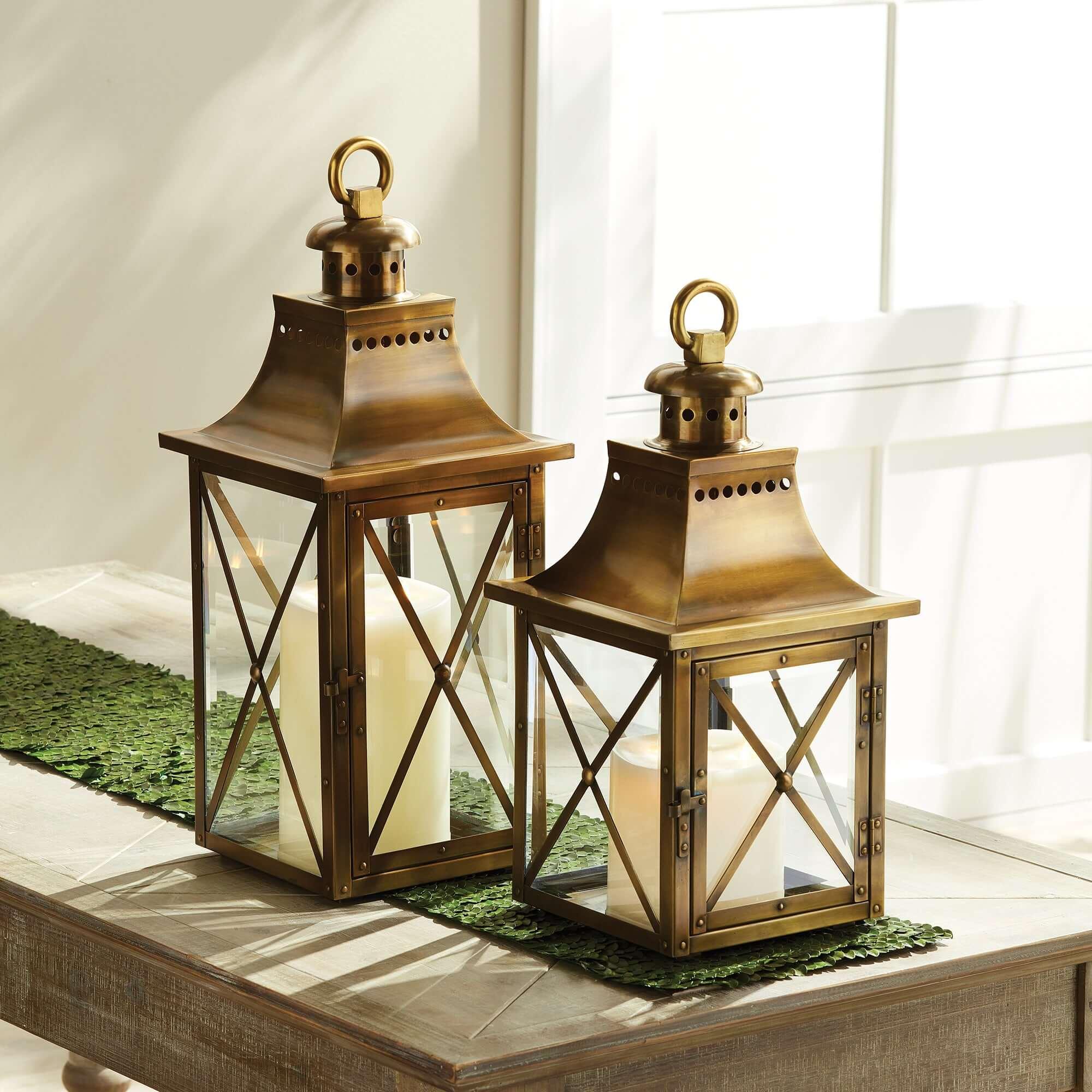 Antique Brass Lantern with Crossbar Glass and Hanging Ring Vintage Shopper