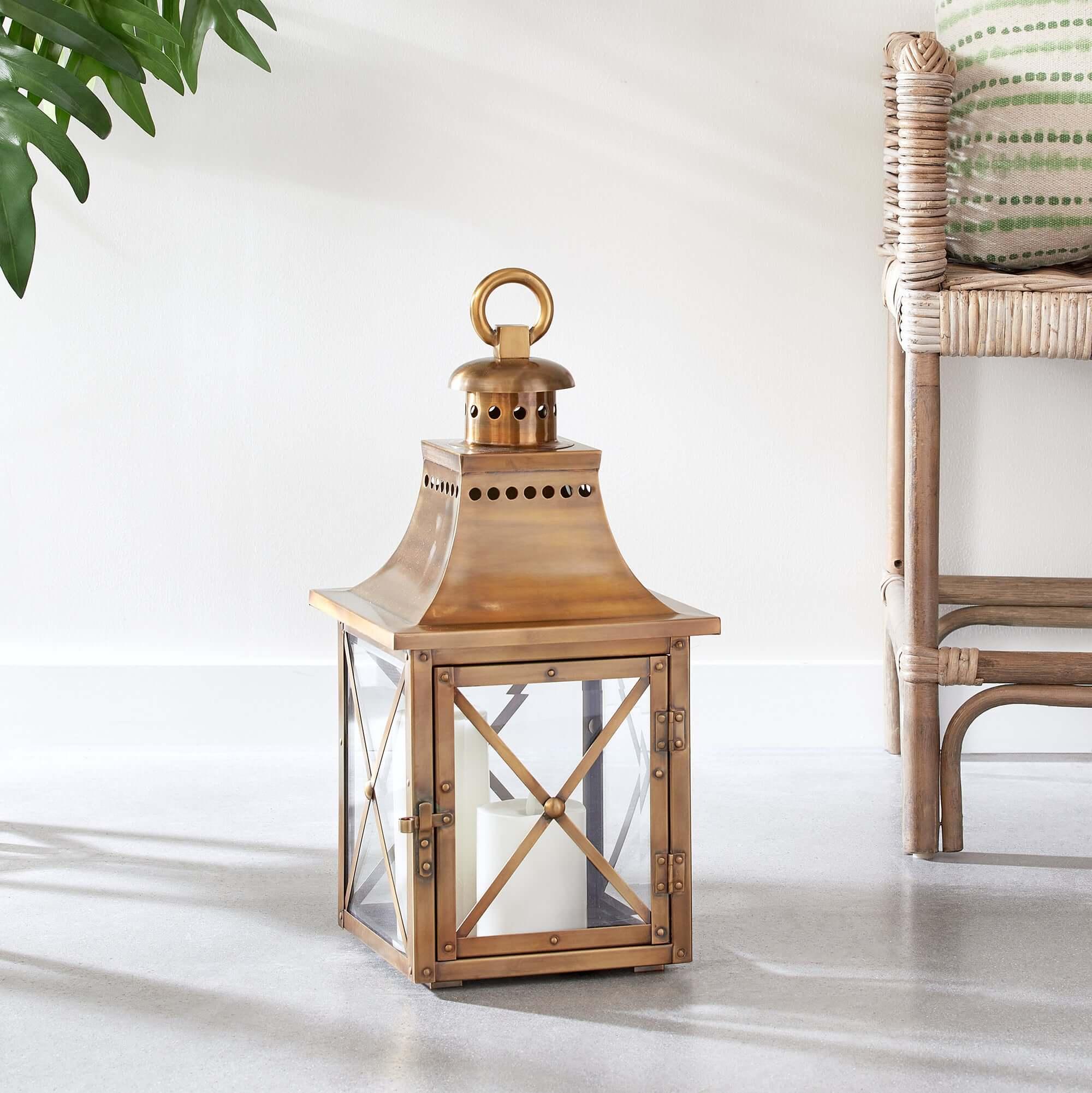 Antique Brass Lantern with Crossbar Glass and Hanging Ring Vintage Shopper