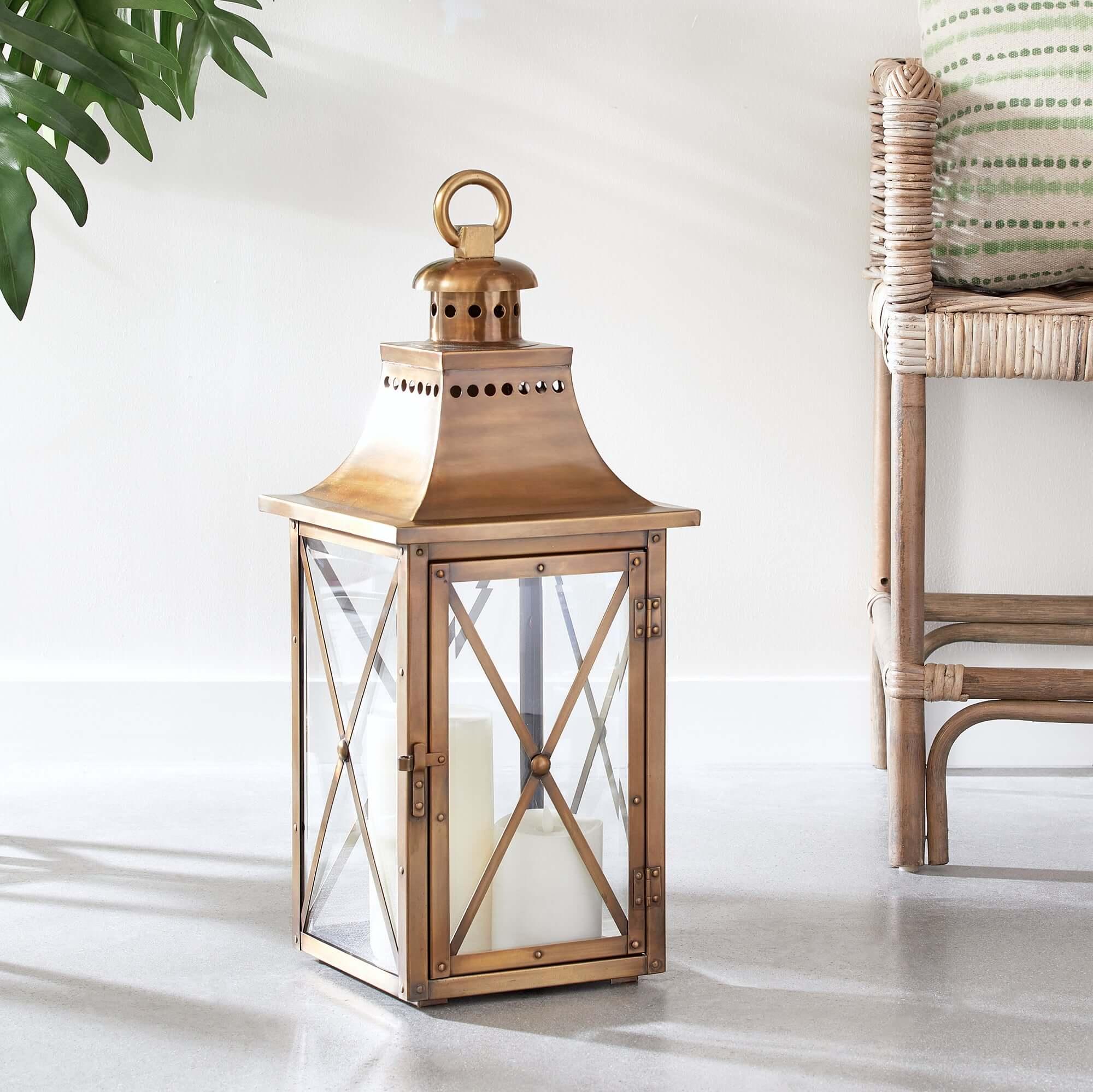 Antique Brass Lantern with Crossbar Glass and Hanging Ring Vintage Shopper