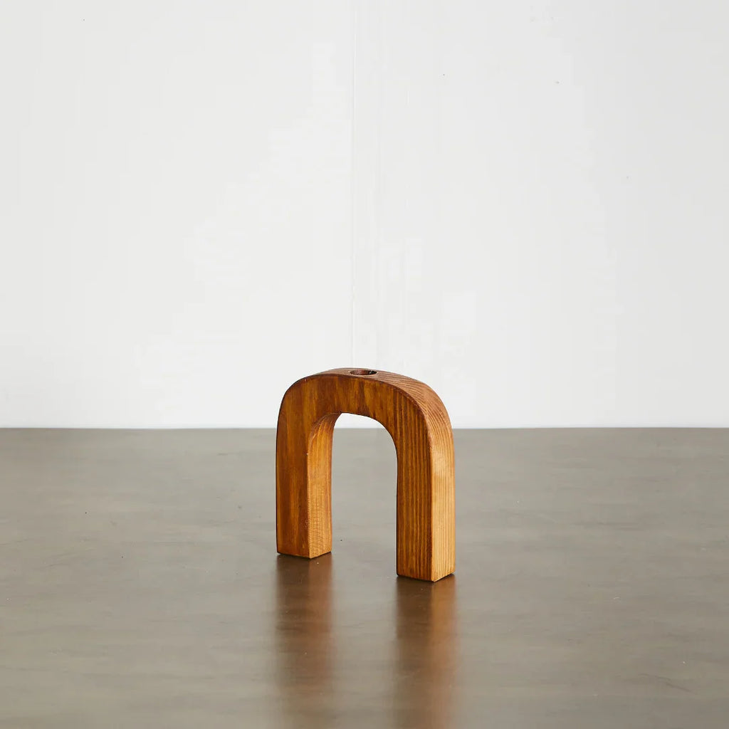Wooden taper candlestick holder in arch shape, natural wood tone, ornate details - House of Avana