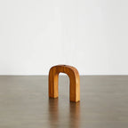 Wooden taper candlestick holder in arch shape, natural wood tone, ornate details - House of Avana