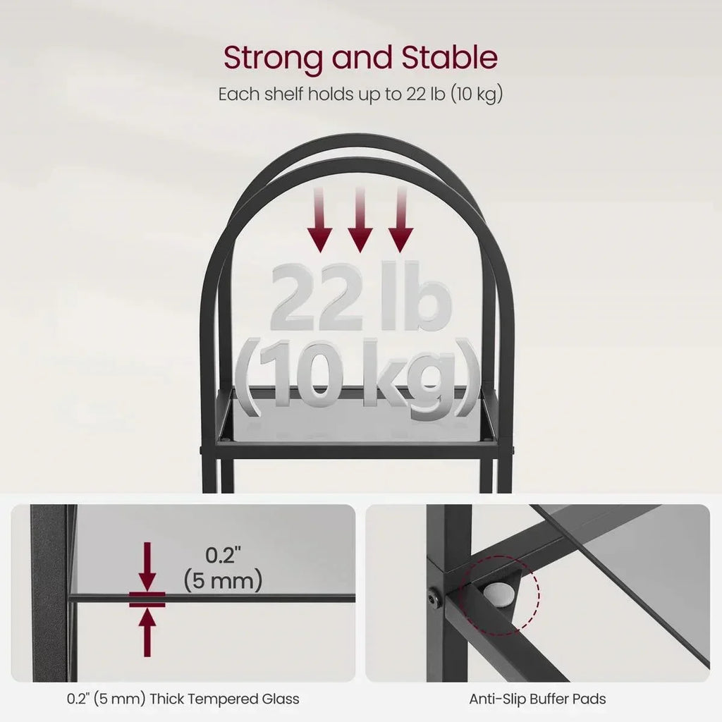 Arched Top Black Metal Display Rack Narrow Bookcase with 5 Glass Storage Shelves
