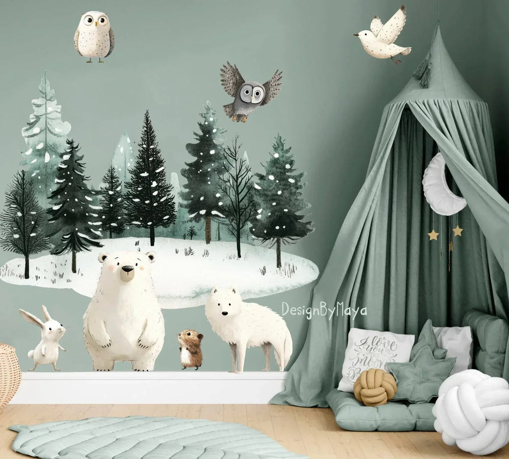Arctic Animal Friends - Fabric Nursery Wall Art Decals, angled view - House Of Avana