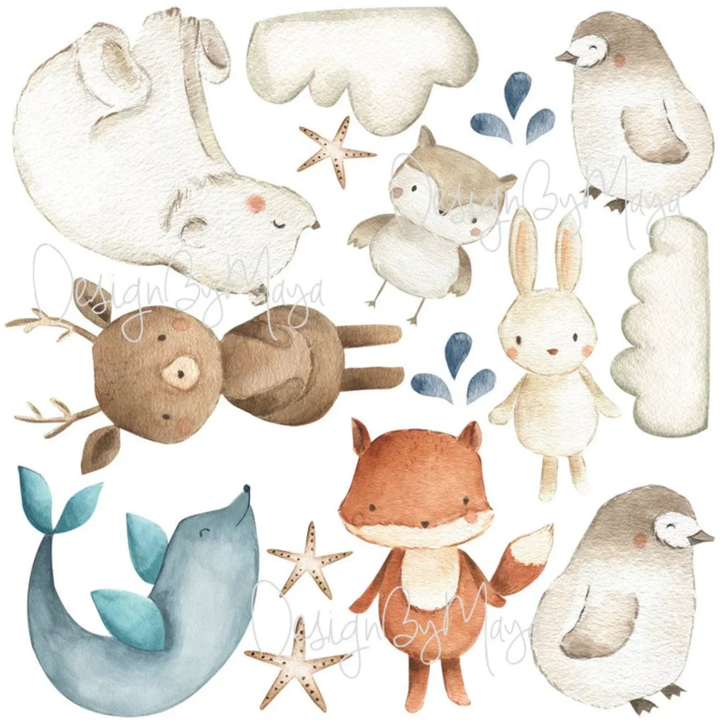 Arctic Polar Bear and Friends - Fabric Nursery Wall Art Decals, side view - House Of Avana