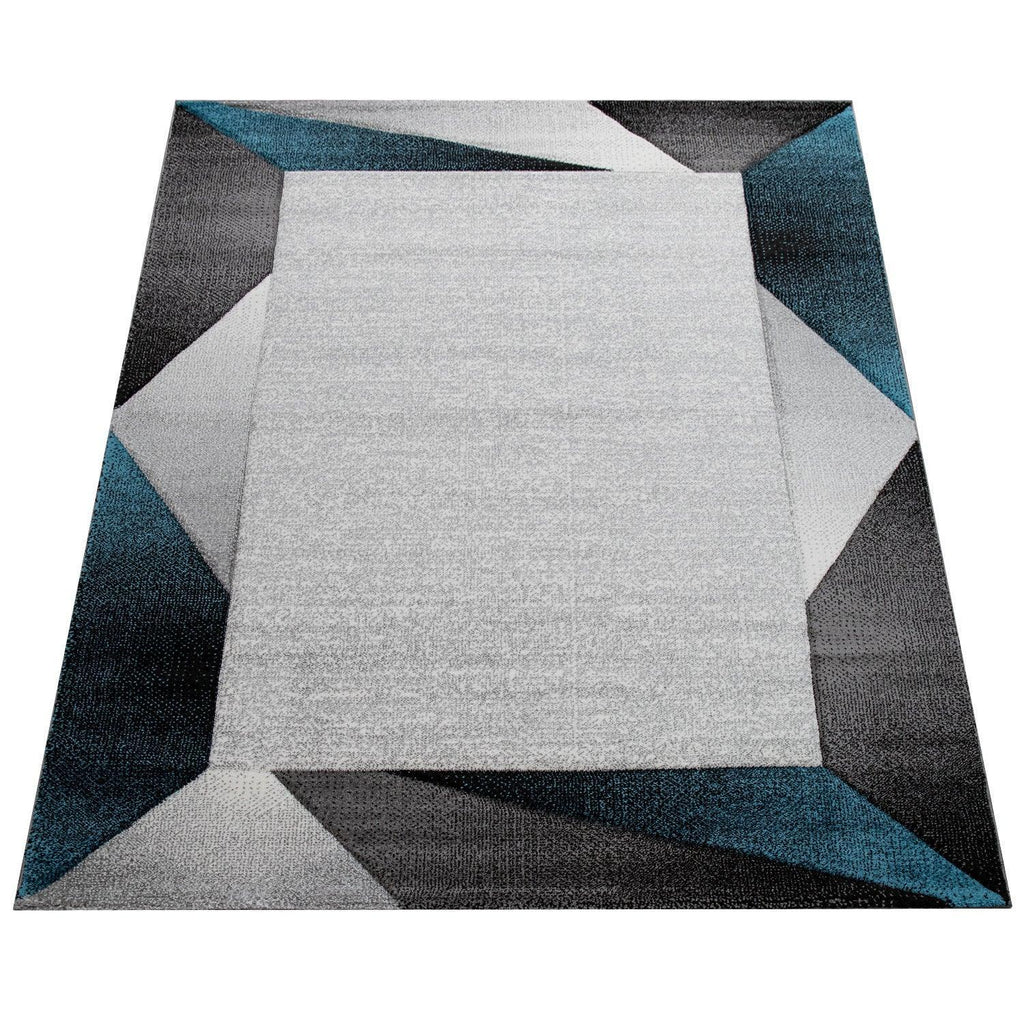 Living Room Rug Madeira Bordered with Geometric Pattern - Grey Blue RugYourHome