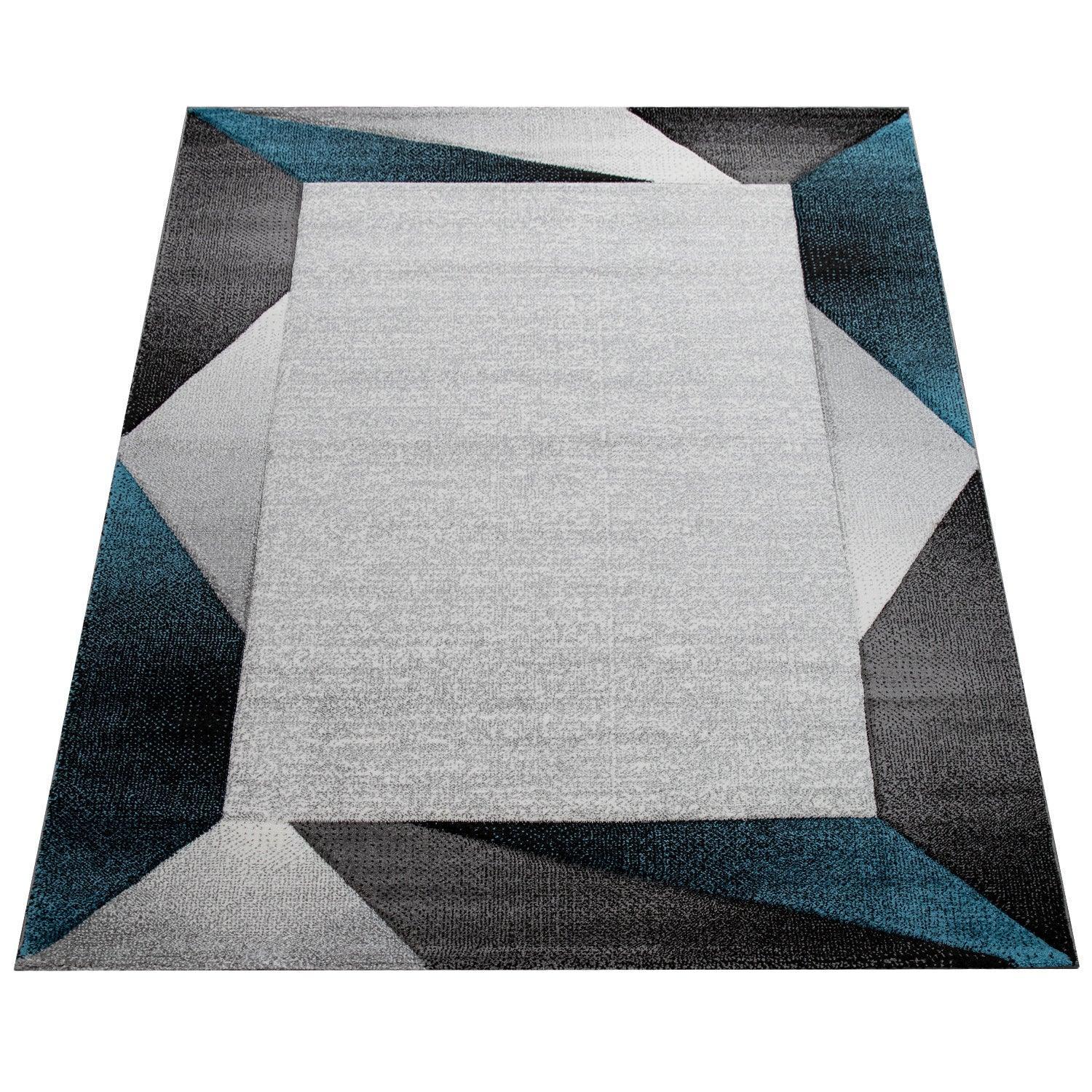 Living Room Rug Madeira Bordered with Geometric Pattern - Grey Blue RugYourHome