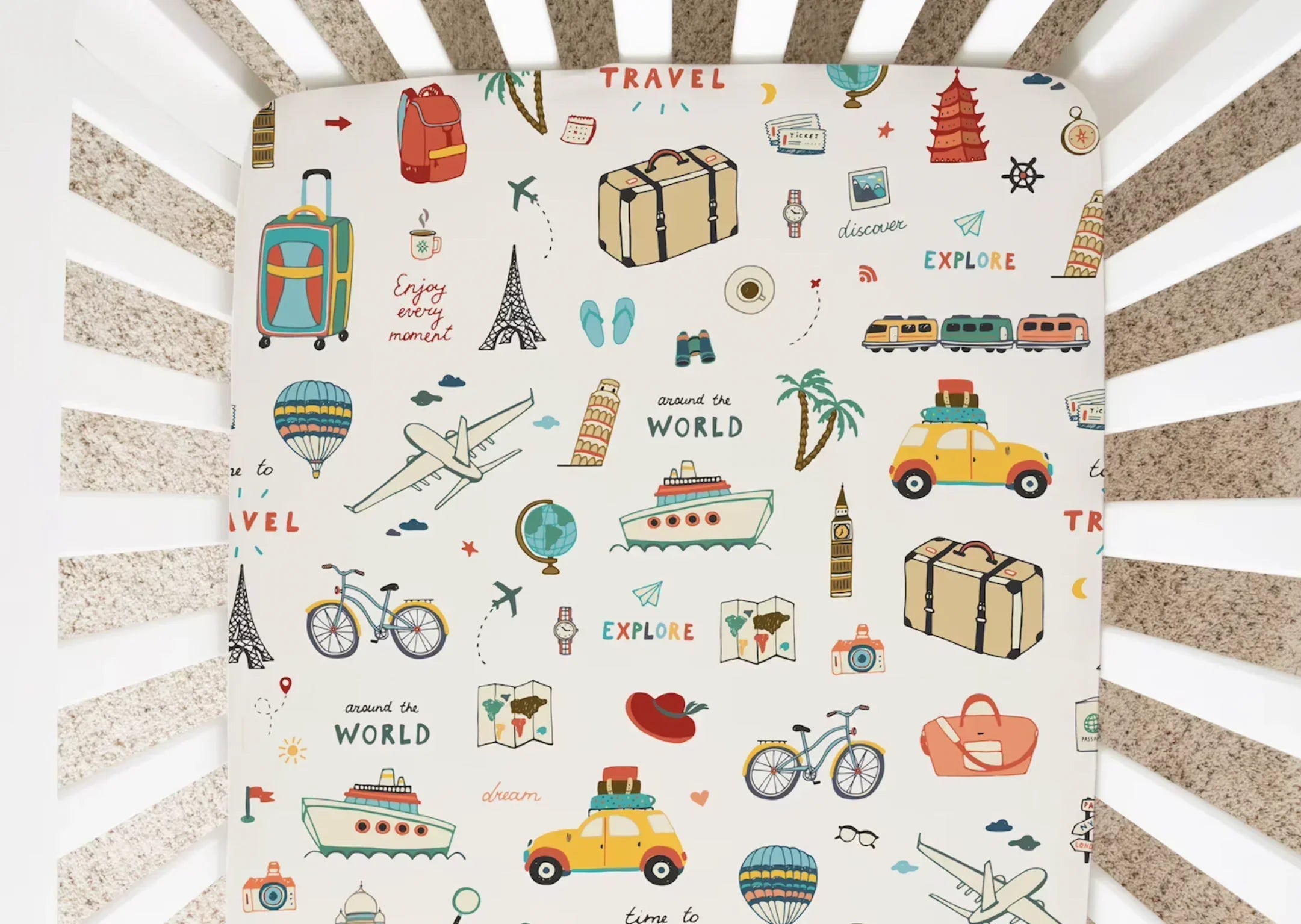 "around the World" - Minky / Jersey Crib Sheets, front view - House Of Avana