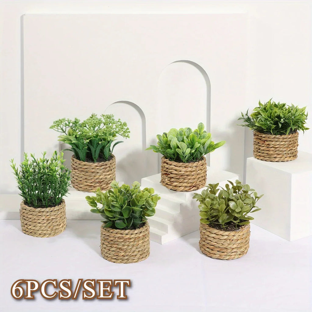 Green artificial fern potted plant with white PE finish and woven mimosa rope - House of Avana