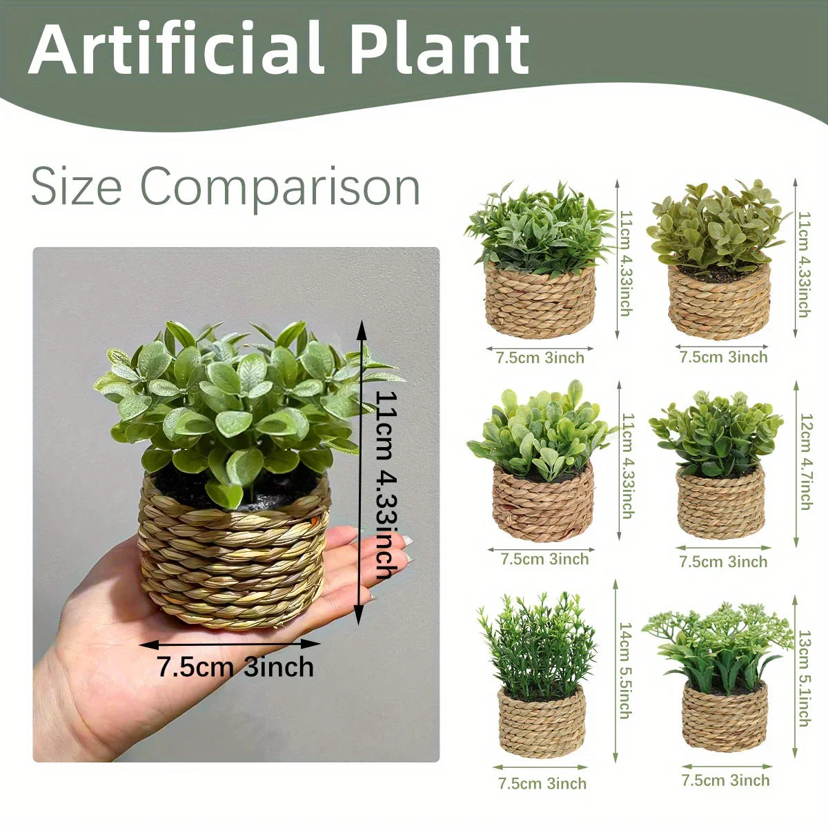 Green artificial fern potted plant with white PE finish and woven mimosa rope - House of Avana