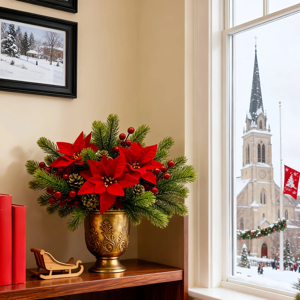 Artificial Flowers, Poinsettia Set of Branches with Pine - House Of Avana