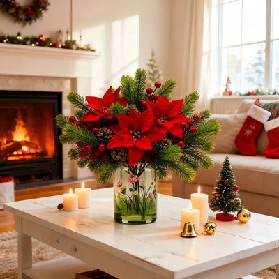 Artificial Flowers, Poinsettia Set of 5 Branches with Pine