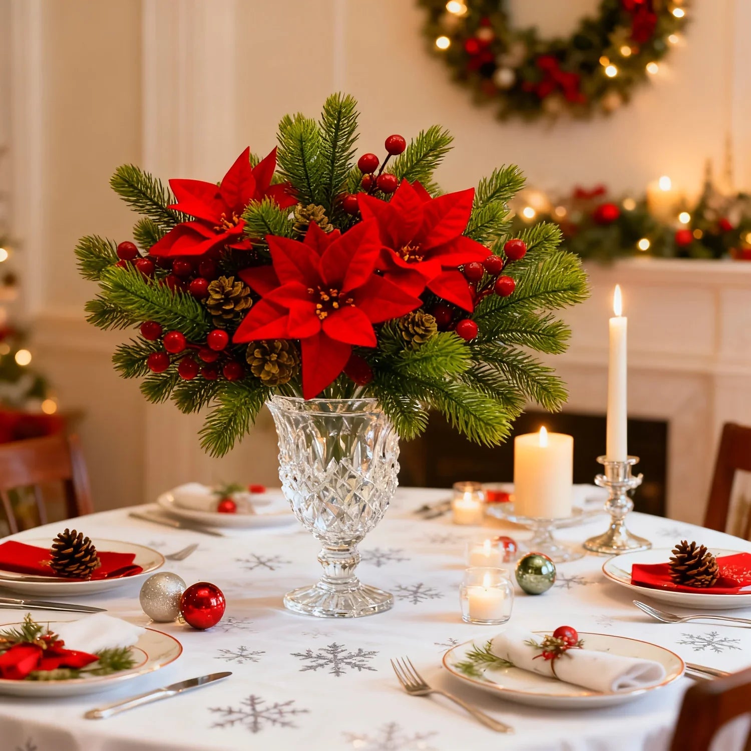 Artificial Flowers, Poinsettia Set of Branches with Pine - House Of Avana
