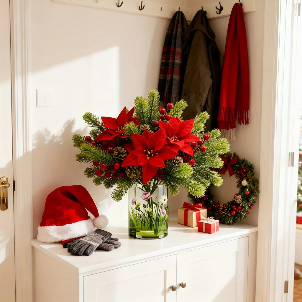 Artificial Flowers, Poinsettia Set of Branches with Pine - House Of Avana