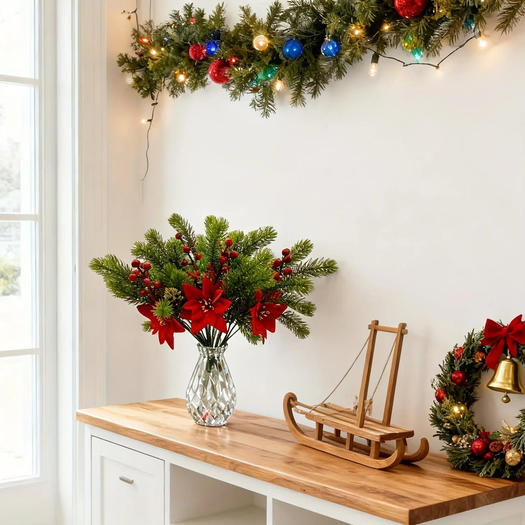 Artificial Flowers, Poinsettia Set of Branches with Pine - House Of Avana