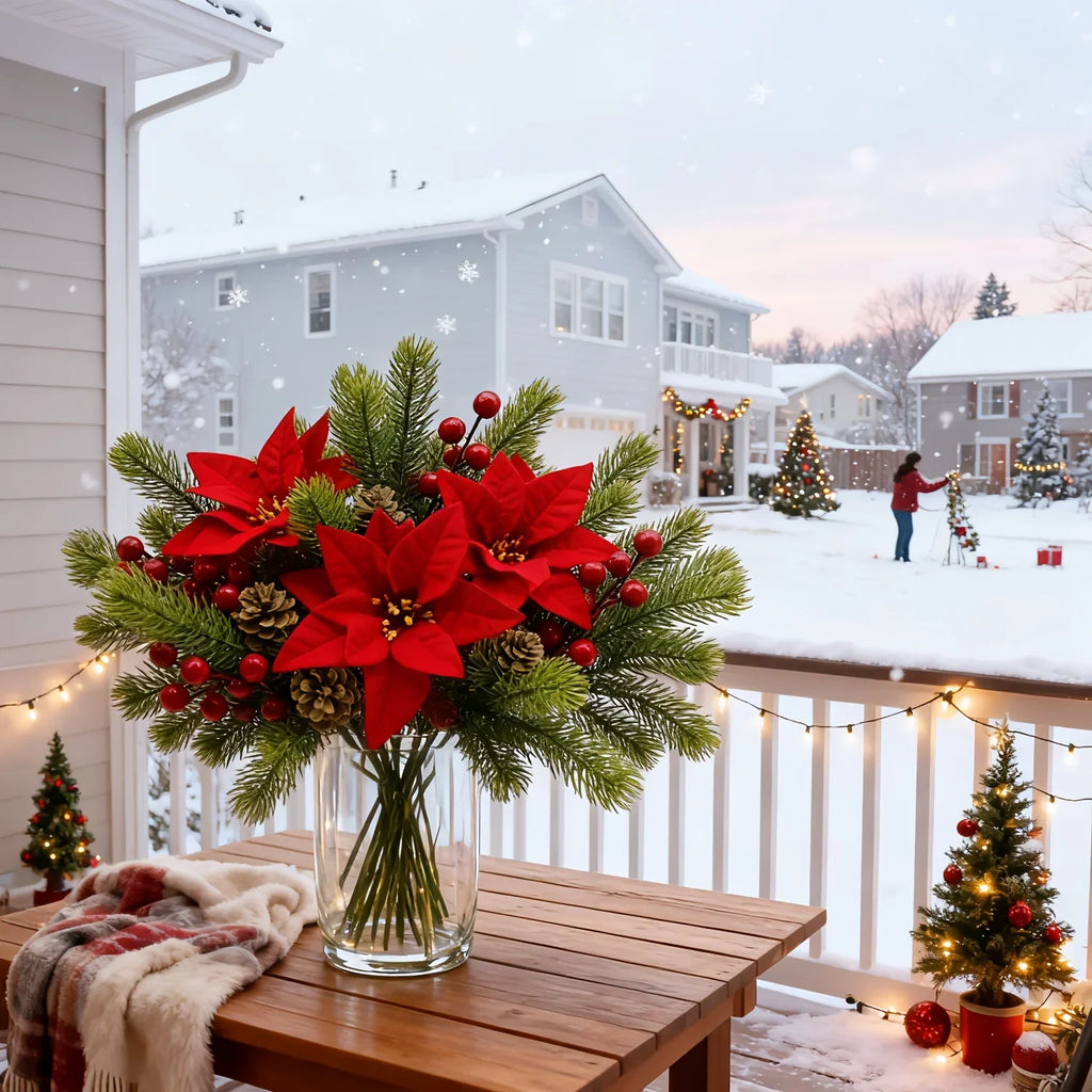 Artificial Flowers, Poinsettia Set of Branches with Pine - House Of Avana