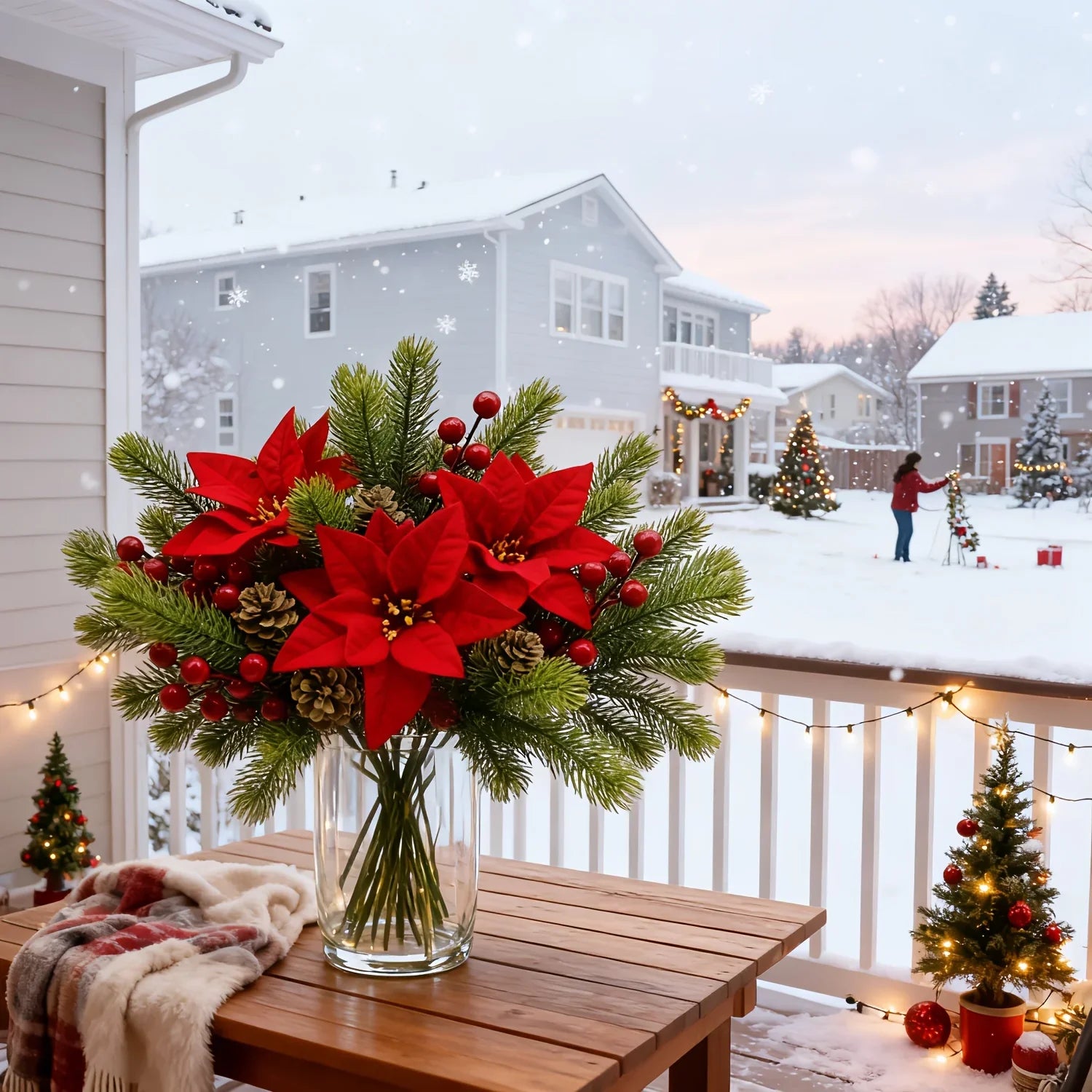 Artificial Flowers, Poinsettia Set of Branches with Pine - House Of Avana