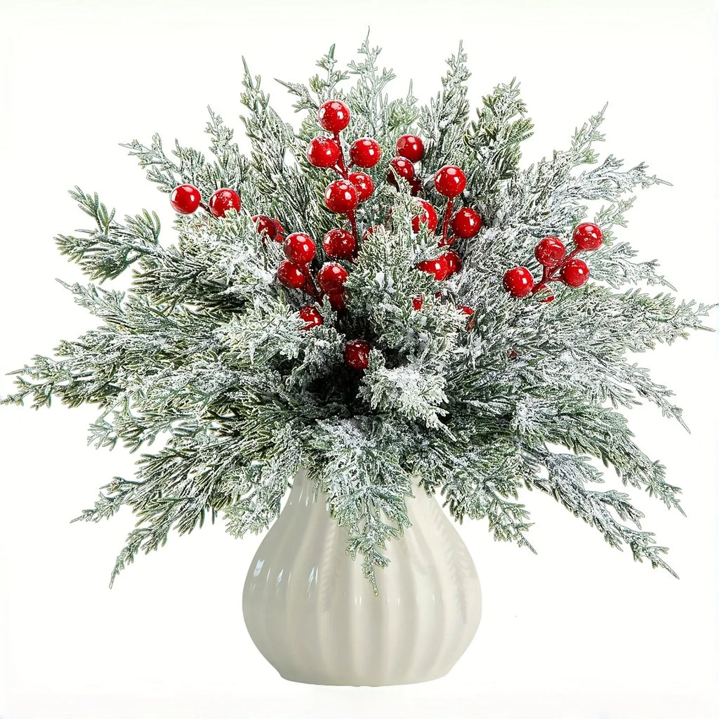 SHARKBEE 18pcs Artificial Pine Branches with Red Berry Picks 27.94cm Winter Christmas Greenery Fake Juniper Leaves Norfolk Pine Stems Needles for Craft Wreath Garland Vase House Of Avana