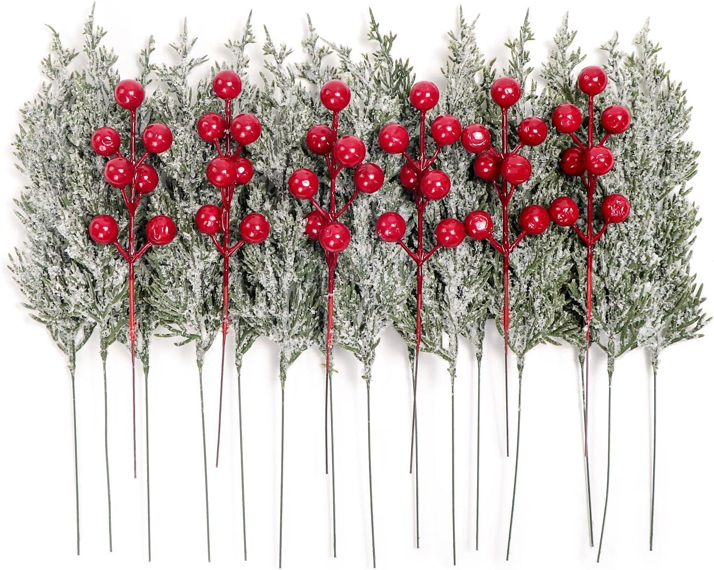 SHARKBEE 18pcs Artificial Pine Branches with Red Berry Picks 27.94cm Winter Christmas Greenery Fake Juniper Leaves Norfolk Pine Stems Needles for Craft Wreath Garland Vase House Of Avana