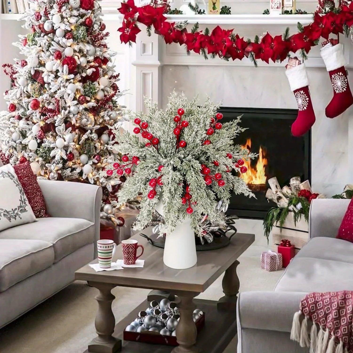 SHARKBEE 18pcs Artificial Pine Branches with Red Berry Picks 27.94cm Winter Christmas Greenery Fake Juniper Leaves Norfolk Pine Stems Needles for Craft Wreath Garland Vase House Of Avana