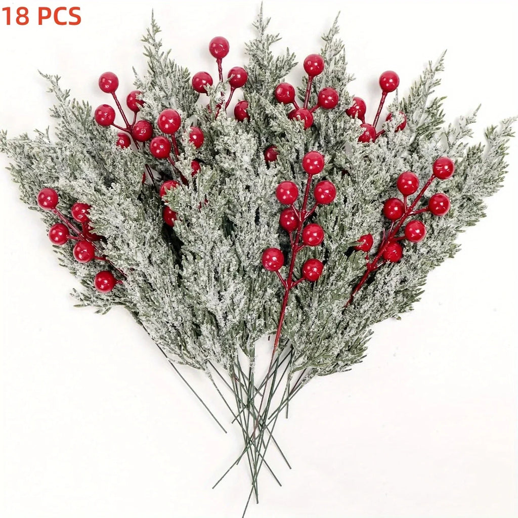 SHARKBEE 18pcs Artificial Pine Branches with Red Berry Picks 27.94cm Winter Christmas Greenery Fake Juniper Leaves Norfolk Pine Stems Needles for Craft Wreath Garland Vase House Of Avana