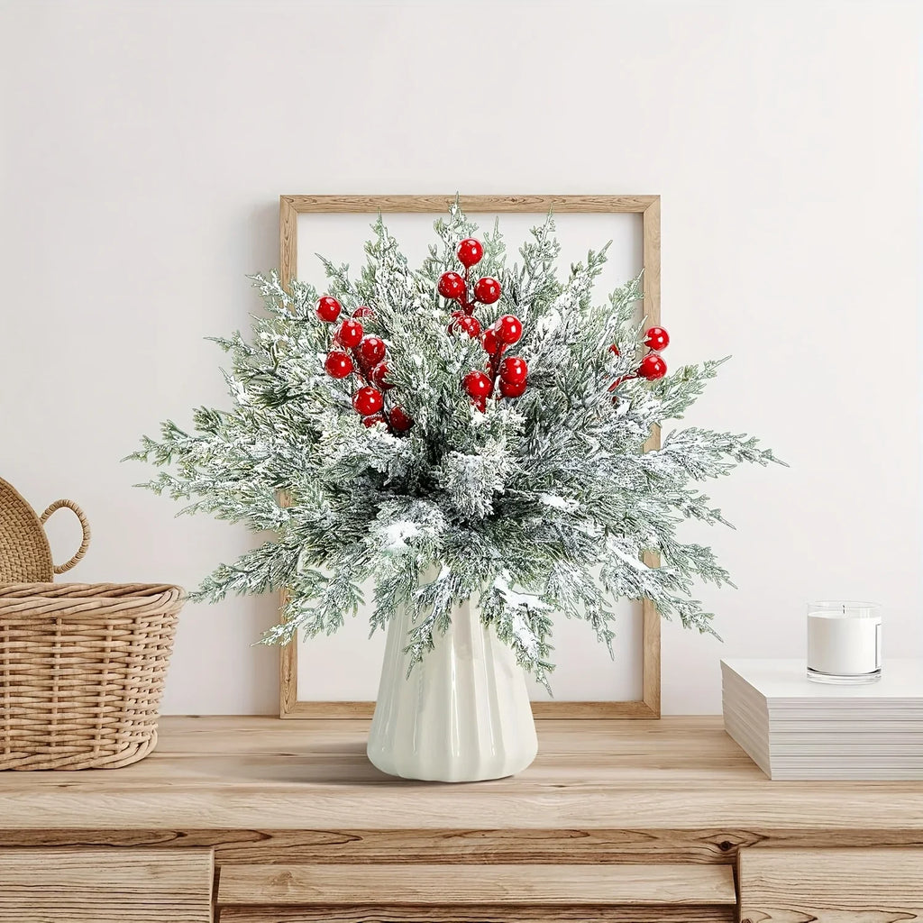 SHARKBEE 18pcs Artificial Pine Branches with Red Berry Picks 27.94cm Winter Christmas Greenery Fake Juniper Leaves Norfolk Pine Stems Needles for Craft Wreath Garland Vase House Of Avana