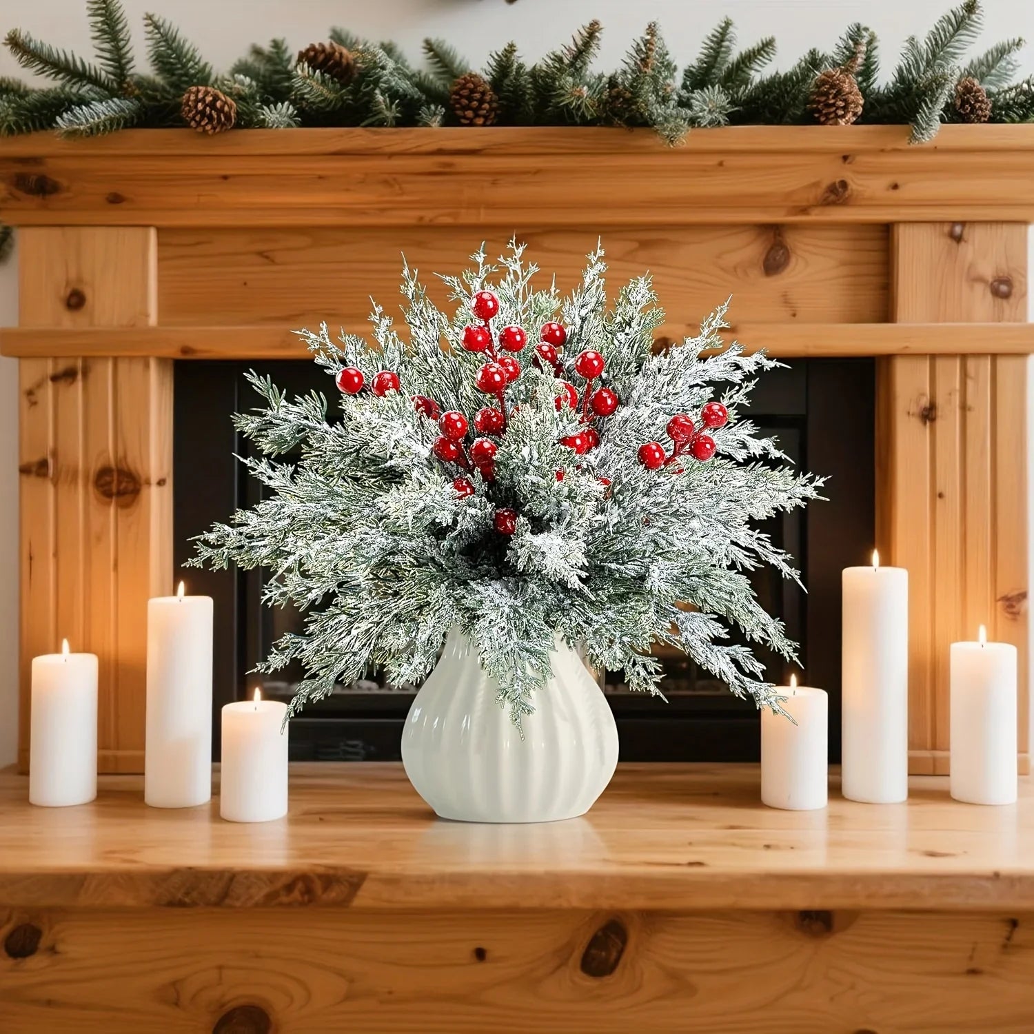 SHARKBEE 18pcs Artificial Pine Branches with Red Berry Picks 27.94cm Winter Christmas Greenery Fake Juniper Leaves Norfolk Pine Stems Needles for Craft Wreath Garland Vase House Of Avana