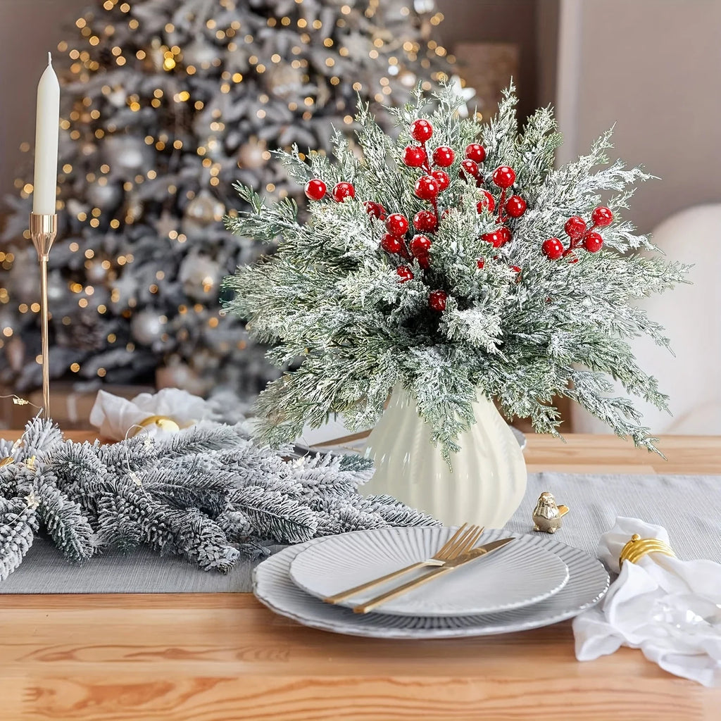 SHARKBEE 18pcs Artificial Pine Branches with Red Berry Picks 27.94cm Winter Christmas Greenery Fake Juniper Leaves Norfolk Pine Stems Needles for Craft Wreath Garland Vase House Of Avana