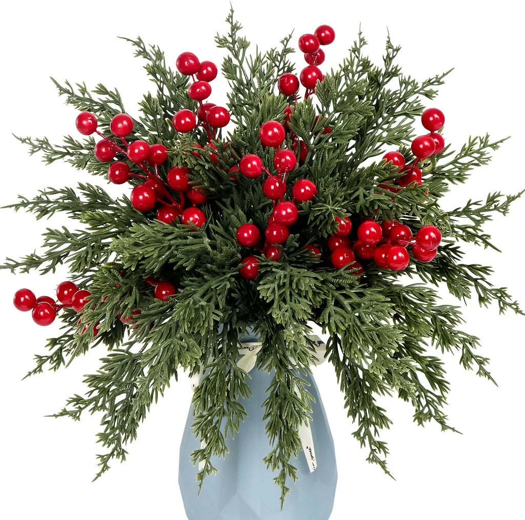 20pcs FREYSITE Artificial Pine Branches with Red Berries - 25.3cm Realistic Faux Evergreen Norfolk Pine & Cypress Stems, Lush Green Needles & Berry Stems for DIY Garland, Wreaths, Tabletop Centerpieces, Fireplace Mantel Decor House Of Avana