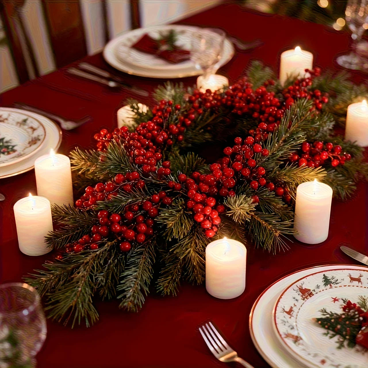 Artificial Poinsettia Garland 2-pack Faux Holly Ivy Vine, close-up view - House Of Avana