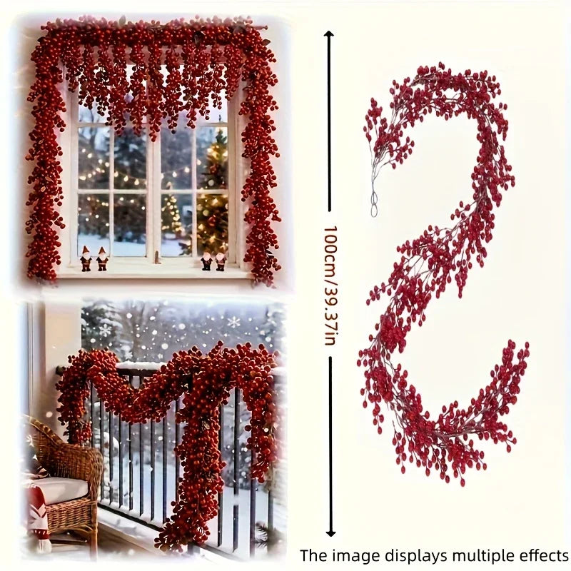 Artificial Poinsettia Garland 2-pack Faux Holly Ivy Vine, texture detail - House Of Avana