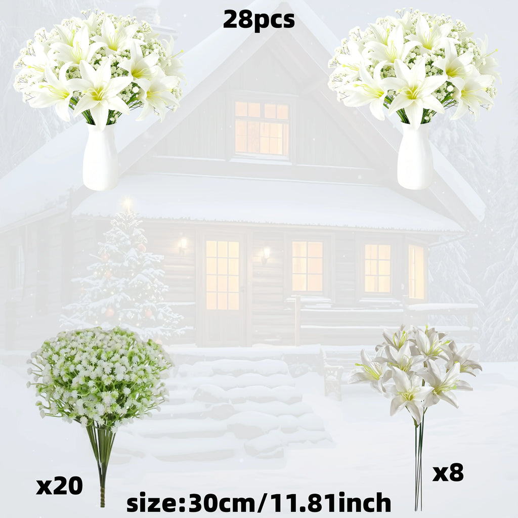 28 piece artificial flower set with white lilies and babys breath for wedding and home decoration