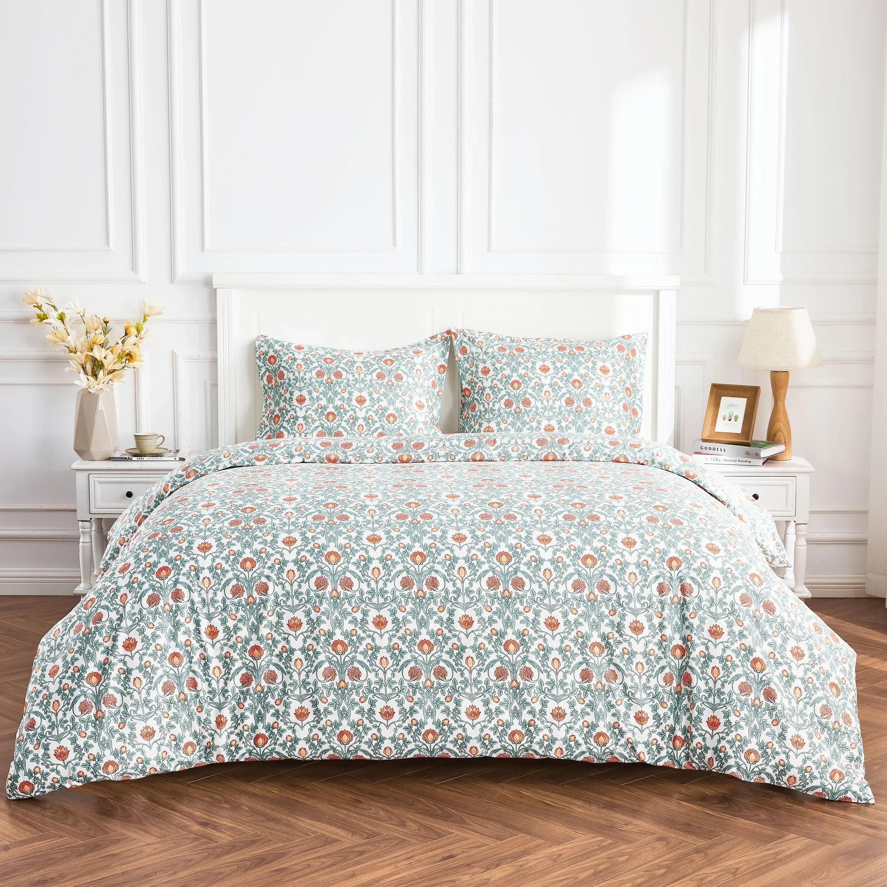 Arts & Crafts Floral Printed Duvet Set, angled view - House Of Avana