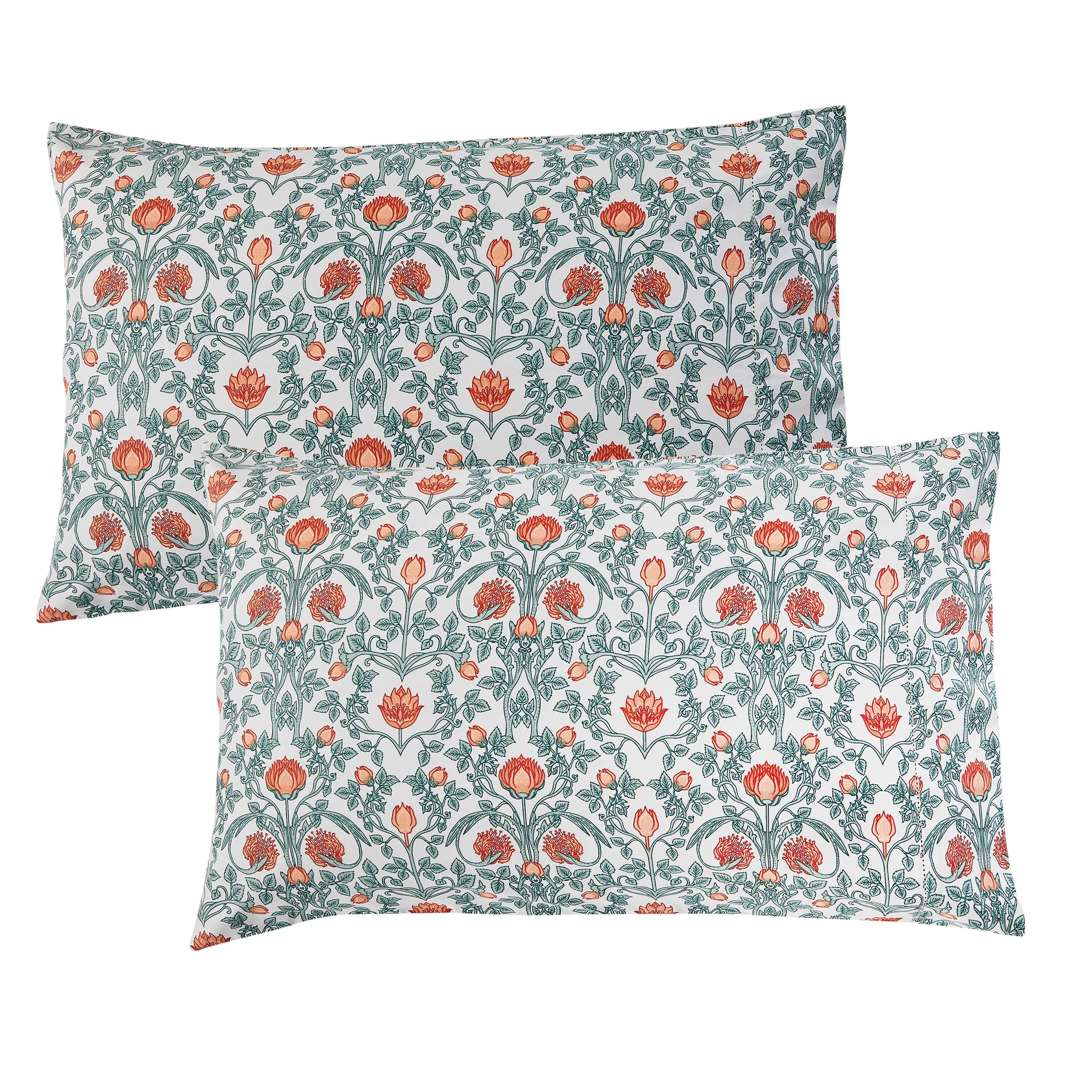 Arts & Crafts Floral Printed Pillowcase Pair, close-up view - House Of Avana